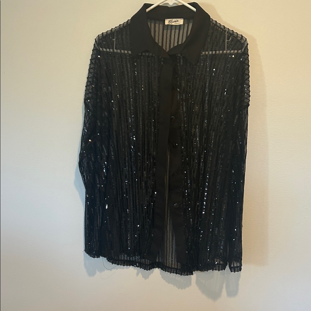 Chic Black Sequin Blouse by Blue Hill